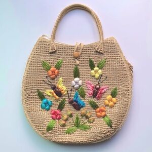 Vintage Cabana Raffia Straw Jute Knit Beach Bag OS